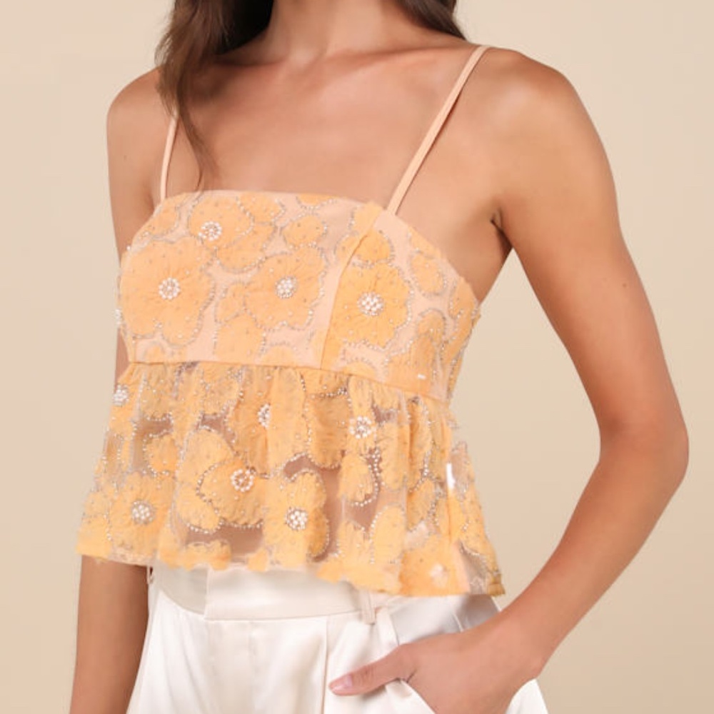 Lulus Ideal Attitude Yellow Applique Beaded Floral Cropped Tank Top - Size M